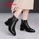 Fuguiniao short boots women's genuine leather mother's shoes autumn and winter plus suede leather shoes Martin boots black short velvet heel 4cm 38