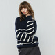 Chuyu Sweater Women's 2025 Winter New Striped Lapel Thick Warm Knitted Top Navy Blue White Striped L
