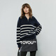 Chuyu Sweater Women's 2025 Winter New Striped Lapel Thick Warm Knitted Top Navy Blue White Striped L