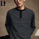 Izzue it Hong Kong trendy brand striped sweatshirt men's spring and autumn American retro contrast color Henry collar long-sleeved bottoming shirt black official authentic L