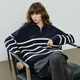 Chuyu Sweater Women's 2025 Winter New Striped Lapel Thick Warm Knitted Top Navy Blue White Striped L
