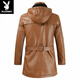 Playboy (PLAYBOY) high-end mid-length men's leather jacket Korean style new youth large size hooded PU leather windbreaker men's jacket brown XL