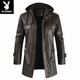 Playboy (PLAYBOY) high-end mid-length men's leather jacket Korean style new youth large size hooded PU leather windbreaker men's jacket brown XL
