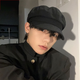 Haofanjie hat beret men's winter black octagonal hat British retro large head circumference men's style boys high-end black