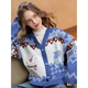 Two or Three Things Long Island Vacation 2025 Winter New Retro Appliqué Embroidered Geometric Color Block Sweater Cardigan Women's Loose Nostalgic Blue-y S