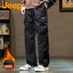 JEEP Jeep pants men's winter warm fleece pants straight overalls men's loose multi-pocket casual pants black XL