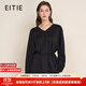 EITIE Elegant Loose Bat Sleeve Black V-neck Tie Top 2025 Autumn and Winter New Long Sleeve Shirt D2513907V Minimalist Black 20 XL (170)