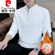 Pierre Cardin Chinese style sweatshirt men's Henry collar spring autumn winter 2025 new velvet thick long-sleeved T-shirt men's base layer autumn W5878 white velvet XL