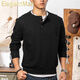 ElegantMan Black 350g Heavyweight Henley Collar Sweatshirt Men's 2025 Winter Season American Retro Henley Shirt Bottoming Long Sleeve Black M