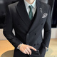 FZPT light luxury trendy brand suit suit for men 2025 autumn and winter new business casual fashion slim striped double-breasted suit medium gray suit + pants + vest 3XL recommended 150-160Jin Jin equals 0.5 kg