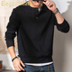 ElegantMan Black 350g Heavyweight Henley Collar Sweatshirt Men's 2025 Winter Season American Retro Henley Shirt Bottoming Long Sleeve Black M