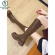 Woodpecker Brand Broken Genuine Leather Inner Heightened No-Knee Boots for Women 2025 Autumn and Winter Thick Heels Fashion Back Zipper Rider Boots Black (Single Liner) 37