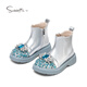Snuffy Girls' Boots Autumn and Winter Children's Plush Leather Boots Princess Elsa Warm Short Leather Boots Ice Blue 29