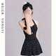 Bo Na Ling Swimsuit Women's 2025 Halter Neck Slim Retro Smiley Print Conservative Swimsuit Seaside Beach Resort Hot Spring Swimsuit One-piece Swimsuit Black One Size 70-120Jin Jin is equal to 0.5 kg