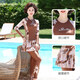 Huali middle-aged and elderly swimsuit three-piece set 2025 new mother girl conservative split long-sleeved trousers slimming hot spring coffee color (mobile phone bag set) L (recommended 90-105 Jin Jin equals 0.5 kg)