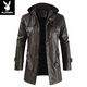 Playboy (PLAYBOY) high-end mid-length men's leather jacket Korean style new youth large size hooded PU leather windbreaker men's jacket brown XL
