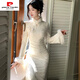 Pierre Cardin 2025 velvet thickened cheongsam new Chinese style dress gold temperament fur collar jacquard heavy industry cheongsam winter new style off-white plus velvet L