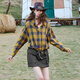 Chuyu Return to Countryside Pure Cotton Shirt Women's 2026 Spring New Loose Retro Plaid Waist Shirt Top Yellow Blue Check S