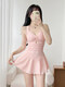 She and other 2025 new popular women's high-end one-piece conservative women's hot spring autumn and winter swimwear girls' swimwear pink one-piece swimsuit XL