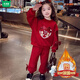 Mumuwu 2026 new style girls red festive New Year's greetings Chinese style cartoon sweatshirt plus velvet fashionable sportswear two-piece set red outfit plus velvet 140 recommended height around 130cm