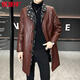Hengyuanxiang cotton thickened slim lapel mid-length windbreaker men's winter handsome and trendy handsome leather jacket trendy maroon L