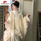 Pierre Cardin 2025 velvet thickened cheongsam new Chinese style dress gold temperament fur collar jacquard heavy industry cheongsam winter new style off-white plus velvet L