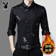 Playboy thickened velvet printed casual shirt men's long-sleeved autumn and winter business ironing-free shirt for young and middle-aged men's men's navy blue flower-170 plus velvet L 170 recommended 120-135Jin Jin equals 0.5 kg to wear