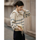 Shangjing cotton wool lazy style sweater for women 2026 spring new pinstripe lapel sweater zipper design top beige M