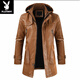 Playboy (PLAYBOY) high-end mid-length men's leather jacket Korean style new youth large size hooded PU leather windbreaker men's jacket brown XL
