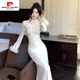 Pierre Cardin 2025 velvet thickened cheongsam new Chinese style dress gold temperament fur collar jacquard heavy industry cheongsam winter new style off-white plus velvet L