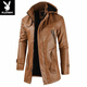 Playboy (PLAYBOY) high-end mid-length men's leather jacket Korean style new youth large size hooded PU leather windbreaker men's jacket brown XL