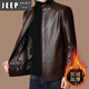 JEEP SPIRIT Autumn and Winter New Haining Leather Jacket for Men Middle-aged Dad Sheepskin Casual Large Size Leather Jacket with Velvet New Product Stand Collar Leather Jacket Black Velvet M 170