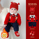 BORBOON B baby winter jumpsuit red festive one-year-old New Year's greetings suit for baby boy plus velvet thickened autumn and winter rompers plus velvet three-piece set 7223 red 66cm