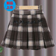 G.duck Girls Skirt Pleated Skirt Autumn and Winter 2025 New Children's Style Versatile Plaid Skirt Girls Skirt Autumn Horizontal Butterfly Woolen Skirt - Black and Gray Plaid 120