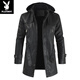 Playboy (PLAYBOY) high-end mid-length men's leather jacket Korean style new youth large size hooded PU leather windbreaker men's jacket brown XL