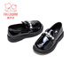Fuluo Mi Girls Leather Shoes Spring Campus Style Versatile Loafers Little Girls Soft Sole Light Fashion Shoes Shadow Black 32
