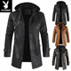 Playboy (PLAYBOY) high-end mid-length men's leather jacket Korean style new youth large size hooded PU leather windbreaker men's jacket brown XL