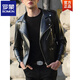 罗蒙（ROMON）修身皮衣男韩版帅气2025新款青年潮流翻领外套加绒加厚机车皮夹克 黑色 M