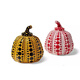 Yayoi Kusama pumpkin ornament sculpture with dense polka dots, yellow background and black dots 10x12 without label