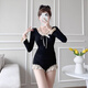 Shimmer Swimsuit Women's 2025 New Black Long Sleeve Sunscreen Pure Desire Conservative Slim Belly Covering Student Swimming Vacation Hot Spring Black One Size Recommended 80-120 Jin Jin is equal to 0.5 kg