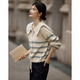 Shangjing cotton wool lazy style sweater for women 2026 spring new pinstripe lapel sweater zipper design top beige M