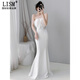 LISM Designer International Light Luxury Brand White One Shoulder Evening Dress Women 2026 New Style Beautiful Banquet Fish White S