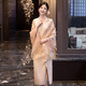 Champagne color grandma's wedding banquet outfit 2025 new mother's dress high-end noble young two-piece set with shawl V-neck haute couture mother's outfit elegant + dark glitter pink gauze scarf M 80-90Jin Jin is equal to 0.5 kg