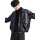 Korean style loose leather jacket for men, motorcycle suit, pilot leather jacket, handsome and versatile velvet thickened jacket for autumn and winter, black, small size, high quality M