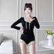 Shimmer Swimsuit Women's 2025 New Black Long Sleeve Sunscreen Pure Desire Conservative Slim Belly Covering Student Swimming Vacation Hot Spring Black One Size Recommended 80-120 Jin Jin is equal to 0.5 kg
