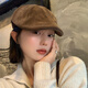 U&MUDI Japanese retro suede brown progressive hat for women with big head circumference and face, small literary and artistic versatile reverse beret hat trendy black one size (55-59cm)