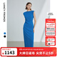 朗姿法式一字肩收腰抽褶设计感气质长裙夏装新款女礼服连衣裙 舰队蓝色 L