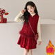 Disney Children's New Year Clothing Set Girls Chinese Style New Year and Winter Thickened Warm Red Bow Chinese Style Vest and Half Bottoming + Vest + Skirt + Bag Four-piece Set 120 cm