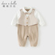 DAVE&BELLA newborn romper 2026 spring new baby boy onesie children's fake two-piece cotton baby pajamas khaki ready stock 59cm (recommended height 52-59cm)