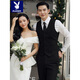 Playboy (PLAYBOY) Business Professional Formal Wear Groom Wedding Suit Suit Men's Korean Slim Dress Suit British Top Men Gray Single Button Suit+Pants+Tie XL Recommended 120-135Jin Jin equals 0.5 kg